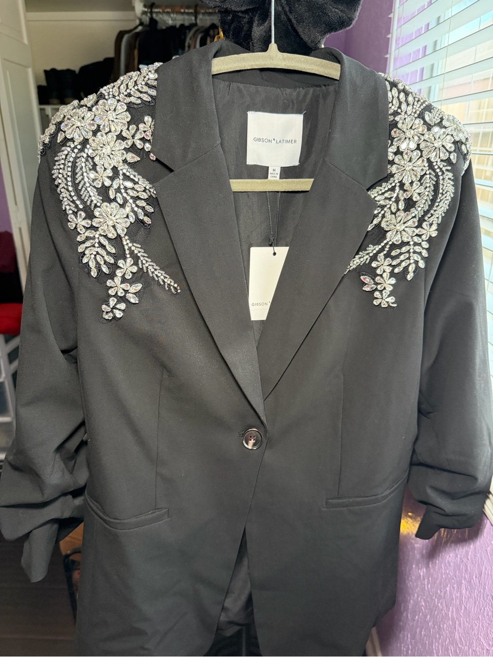 Gibson Latimer Black Blazer with Crystal Floral Shoulder Embellishment